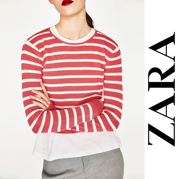 Zara Sweaters - Zara Knit Women’s Coral Striped Crop Sweater, M